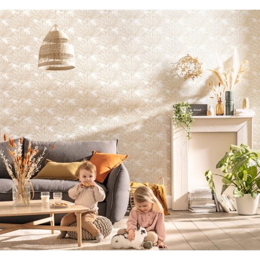 Ünnepi hangulatú Alhambrai kert stilizált pálmák fehér arany fémes hatás tapéta