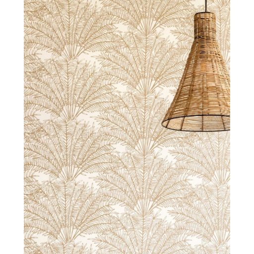 Ünnepi hangulatú Alhambrai kert stilizált pálmák fehér arany fémes hatás tapéta