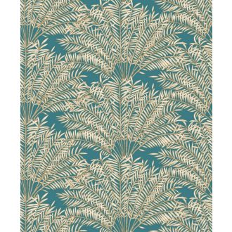   Ünnepi hangulatú Alhambrai kert stilizált pálmák petrolkék fehér arany fémes hatás tapéta