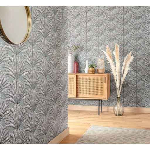 Ünnepi hangulatú Alhambrai kert stilizált pálmák szürkészöld fekete fehér tapéta