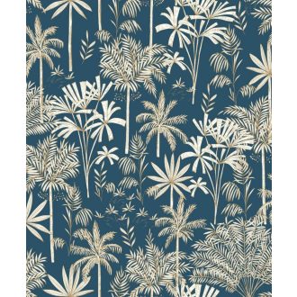   Csodás trópusi botanikus kert - pálma aloé és banánfák éjkék arany fémes hatás tapéta