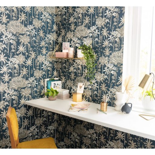 Csodás trópusi botanikus kert - pálma aloé és banánfák éjkék arany fémes hatás tapéta