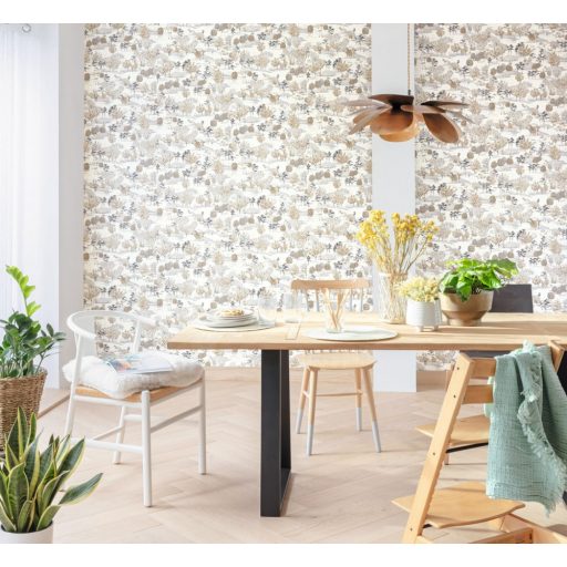 Perspektívikus freskó megjelenítésű gazdag flórájú kert fehér fekete arany fémes hatás tapéta