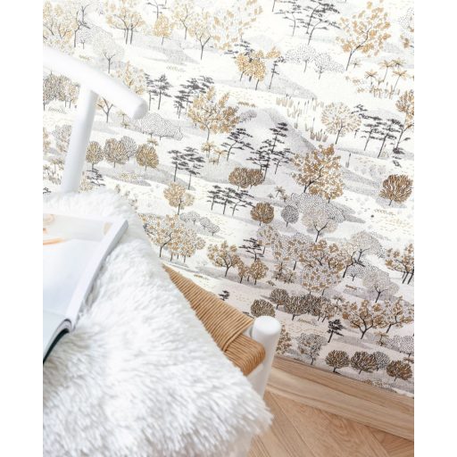 Perspektívikus freskó megjelenítésű gazdag flórájú kert fehér fekete arany fémes hatás tapéta