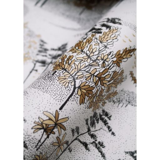 Perspektívikus freskó megjelenítésű gazdag flórájú kert fehér fekete arany fémes hatás tapéta