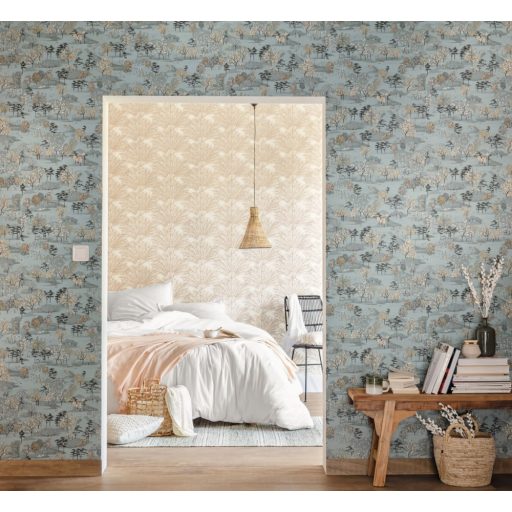 Perspektívikus freskó megjelenítésű gazdag flórájú kert szürkészöld fehér fekete arany fémes hatás tapéta