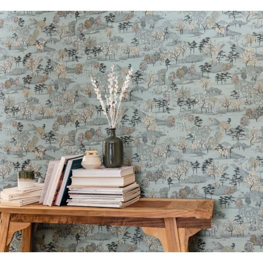 Perspektívikus freskó megjelenítésű gazdag flórájú kert szürkészöld fehér fekete arany fémes hatás tapéta