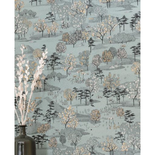 Perspektívikus freskó megjelenítésű gazdag flórájú kert szürkészöld fehér fekete arany fémes hatás tapéta