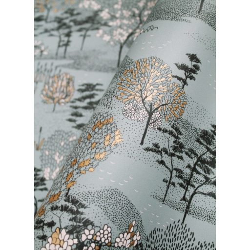 Perspektívikus freskó megjelenítésű gazdag flórájú kert szürkészöld fehér fekete arany fémes hatás tapéta