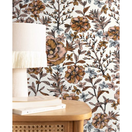 Francia kert ihlette finom metszésű virágok rózsák fehér narancs vízkék fekete arany fémes hatás tapéta