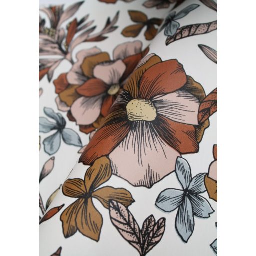 Francia kert ihlette finom metszésű virágok rózsák fehér narancs vízkék fekete arany fémes hatás tapéta