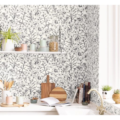 Francia kert ihlette finom metszésű virágok rózsák fehér fekete tapéta