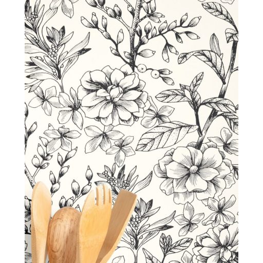 Francia kert ihlette finom metszésű virágok rózsák fehér fekete tapéta