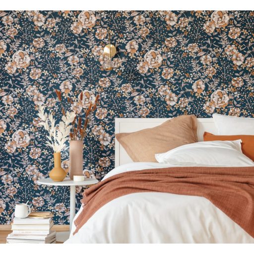 Francia kert ihlette finom metszésű virágok rózsák éjkék fehér rosé fekete arany fémes hatás tapéta