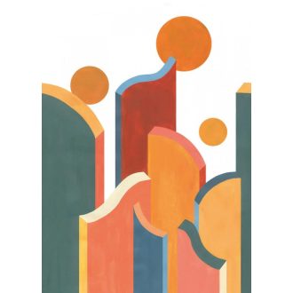   Absztrakt körök hullámok görbék szórakoztató és dekoratív mintája fehér éjkék karamell terrakotta khakizöld falpanel