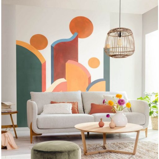 Absztrakt körök hullámok görbék szórakoztató és dekoratív mintája fehér éjkék karamell terrakotta khakizöld falpanel