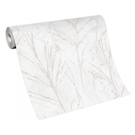 "Rejtőzködő" levélmotívum vázlatos ábrázolás filigrán vonalak törtfehér és rózsaszín tónus fémes hatás tapéta