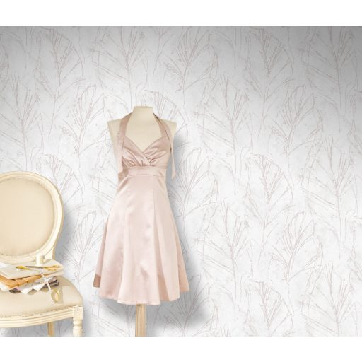 "Rejtőzködő" levélmotívum vázlatos ábrázolás filigrán vonalak törtfehér és rózsaszín tónus fémes hatás tapéta
