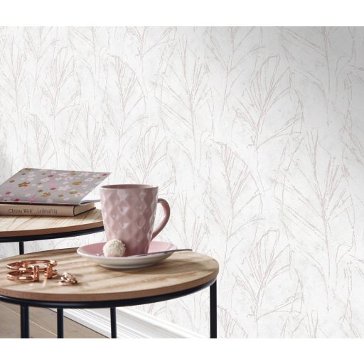 "Rejtőzködő" levélmotívum vázlatos ábrázolás filigrán vonalak törtfehér és rózsaszín tónus fémes hatás tapéta