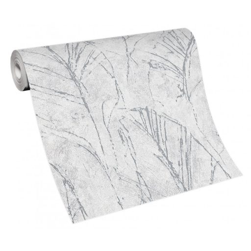"Rejtőzködő" levélmotívum vázlatos ábrázolás filigrán vonalak világosszürke és ezüst tónus fémes hatás tapéta