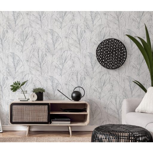 "Rejtőzködő" levélmotívum vázlatos ábrázolás filigrán vonalak világosszürke és ezüst tónus fémes hatás tapéta