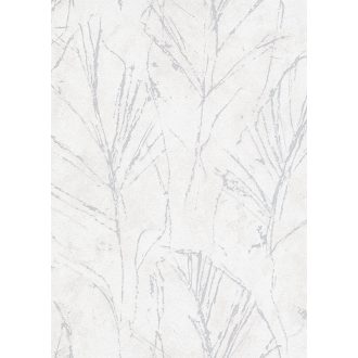   "Rejtőzködő" levélmotívum vázlatos ábrázolás filigrán vonalak szürkésfehér és ezüst tónus fémes hatás tapéta