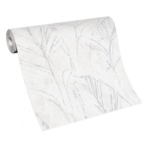 "Rejtőzködő" levélmotívum vázlatos ábrázolás filigrán vonalak szürkésfehér és ezüst tónus fémes hatás tapéta