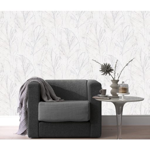 "Rejtőzködő" levélmotívum vázlatos ábrázolás filigrán vonalak szürkésfehér és ezüst tónus fémes hatás tapéta