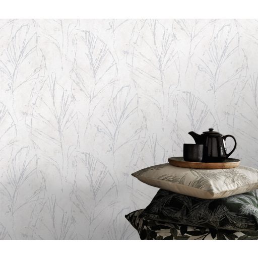 "Rejtőzködő" levélmotívum vázlatos ábrázolás filigrán vonalak szürkésfehér és ezüst tónus fémes hatás tapéta