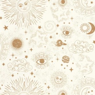   Caselio Young and Free 103240020 AsztroTrend Világűr szimbolikus minta kelta nap hold csillagok szemek fehér aranysárga tapéta