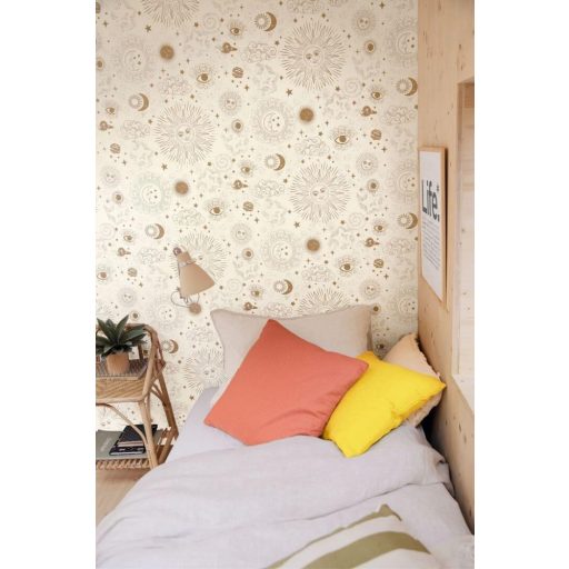 Caselio Young and Free 103240020 AsztroTrend Világűr szimbolikus minta kelta nap hold csillagok szemek fehér aranysárga tapéta