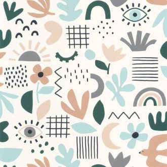   Caselio Young and Free 103286071 FEEL GOOD Művészi naív botanikai minta fehér kékeszöld színes tapéta