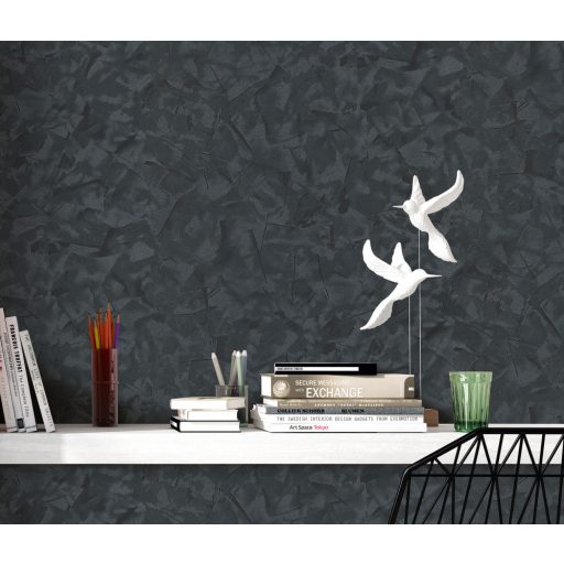 Modern ecsetelt vakolathatású minta sötétszürke fekete és ezüst tónus fémes hatás tapéta