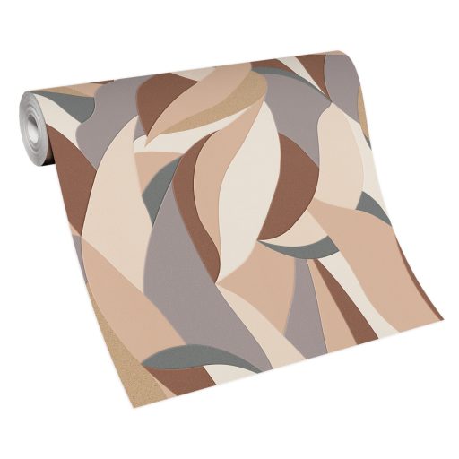 Absztrakt levélmintára emlékeztető grafikus design krémfehér bézs barna és szürke tónus arany fémes hatás tapéta