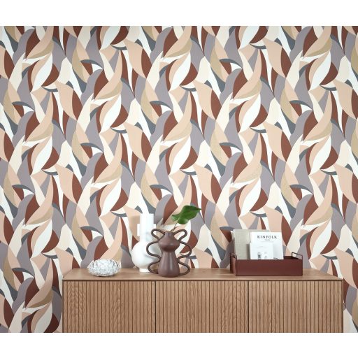 Absztrakt levélmintára emlékeztető grafikus design krémfehér bézs barna és szürke tónus arany fémes hatás tapéta