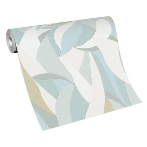 Absztrakt levélmintára emlékeztető grafikus design törtfehér kék zöld és arany tónus fémes hatás tapéta