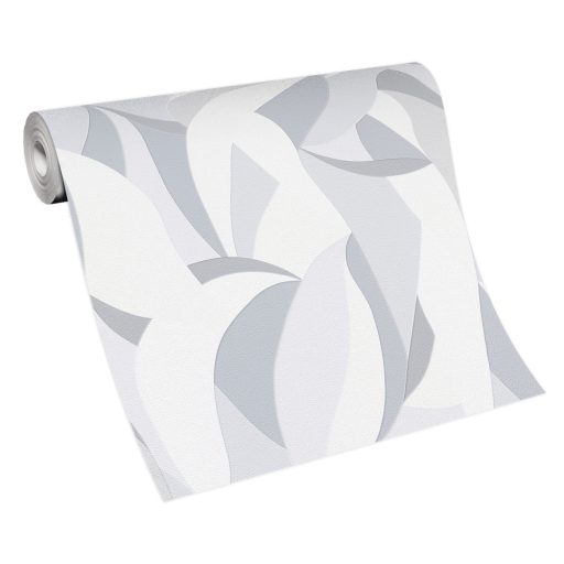 Absztrakt levélmintára emlékeztető grafikus design fehér szürke és ezüst tónus fémes hatás tapéta