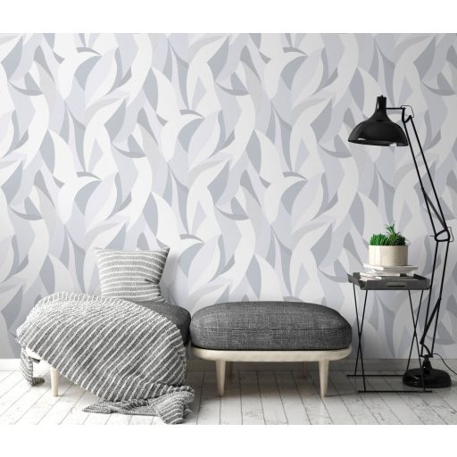 Absztrakt levélmintára emlékeztető grafikus design fehér szürke és ezüst tónus fémes hatás tapéta