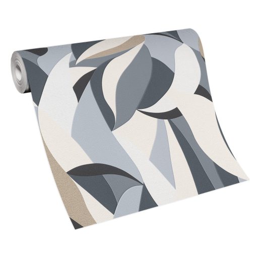 Absztrakt levélmintára emlékeztető grafikus design fehér szürke fekete és arany tónus fémes hatás tapéta