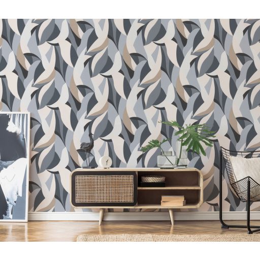 Absztrakt levélmintára emlékeztető grafikus design fehér szürke fekete és arany tónus fémes hatás tapéta