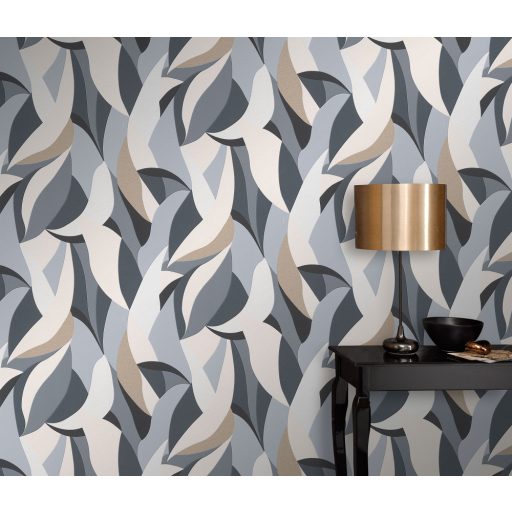 Absztrakt levélmintára emlékeztető grafikus design fehér szürke fekete és arany tónus fémes hatás tapéta