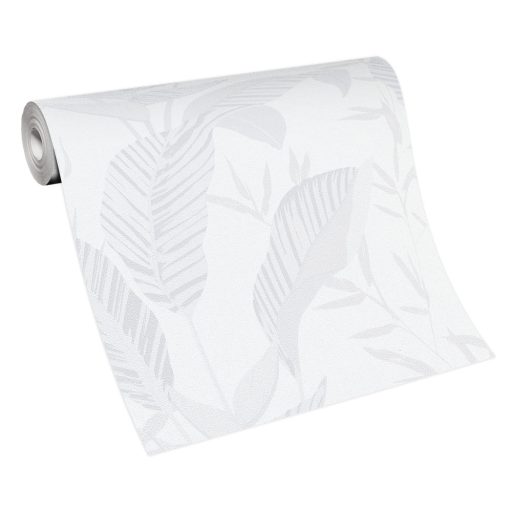 Monstera levelek filigrán ágakkal trópusi motívum fehér világosszürke és fehérezüst tónus fémes hatás tapéta