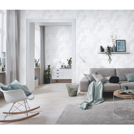 Monstera levelek filigrán ágakkal trópusi motívum fehér világosszürke és fehérezüst tónus fémes hatás tapéta