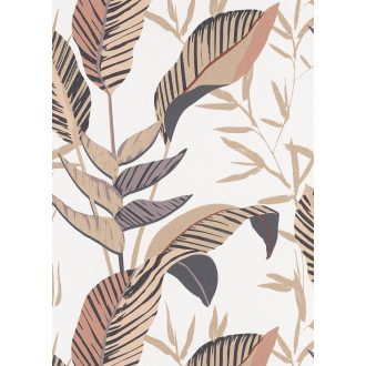   Monstera levelek filigrán ágakkal trópusi motívum krémfehér bézs barna fekete és arany tónus fémes hatás tapéta