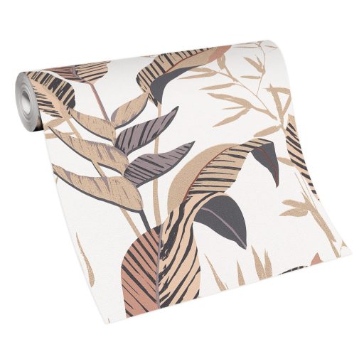 Monstera levelek filigrán ágakkal trópusi motívum krémfehér bézs barna fekete és arany tónus fémes hatás tapéta