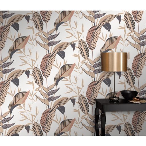 Monstera levelek filigrán ágakkal trópusi motívum krémfehér bézs barna fekete és arany tónus fémes hatás tapéta