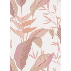   Monstera levelek filigrán ágakkal trópusi motívum krémfehér rózsaszín barna és arany tónus fémes hatás tapéta