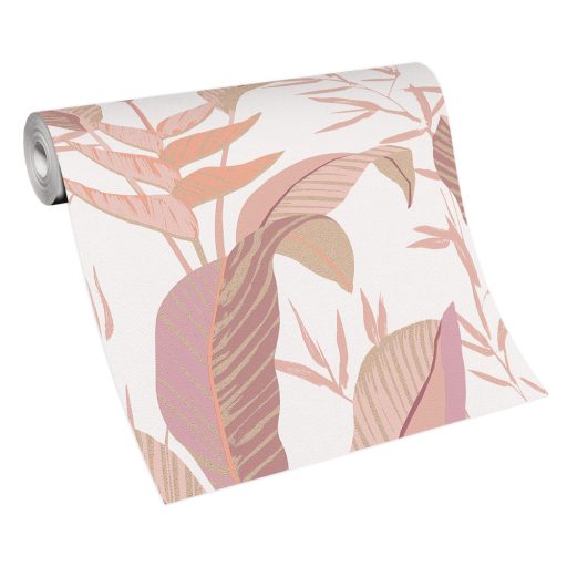 Monstera levelek filigrán ágakkal trópusi motívum krémfehér rózsaszín barna és arany tónus fémes hatás tapéta