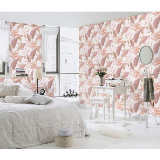 Monstera levelek filigrán ágakkal trópusi motívum krémfehér rózsaszín barna és arany tónus fémes hatás tapéta