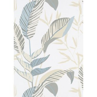   Monstera levelek filigrán ágakkal trópusi motívum törtfehér bézs zöld kék és ezüstszürke tónus fémes hatás tapéta